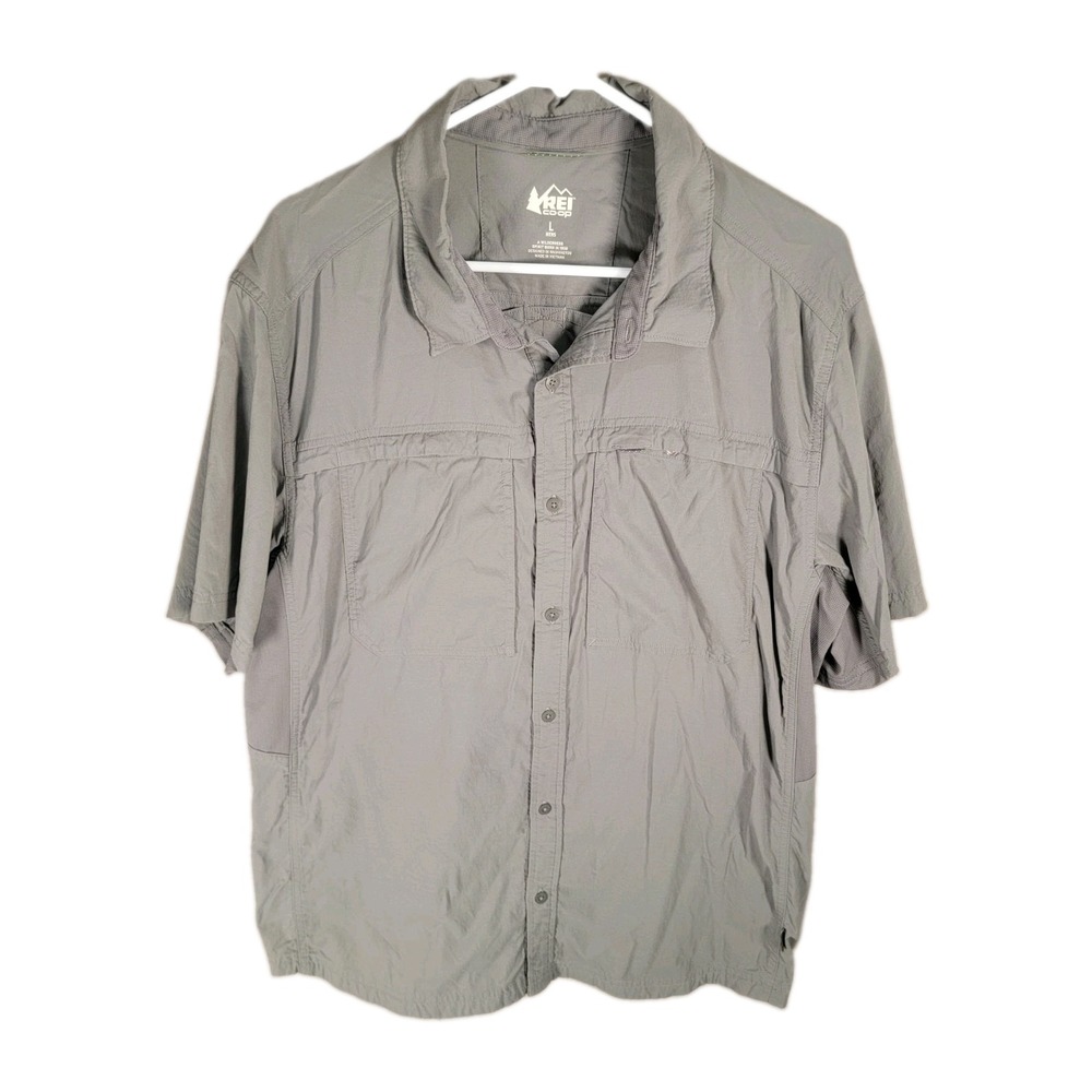 REI Co-op Shirt Mens L Gray Sahara Stretch Vented Short Sleeve Hiking Trail Top